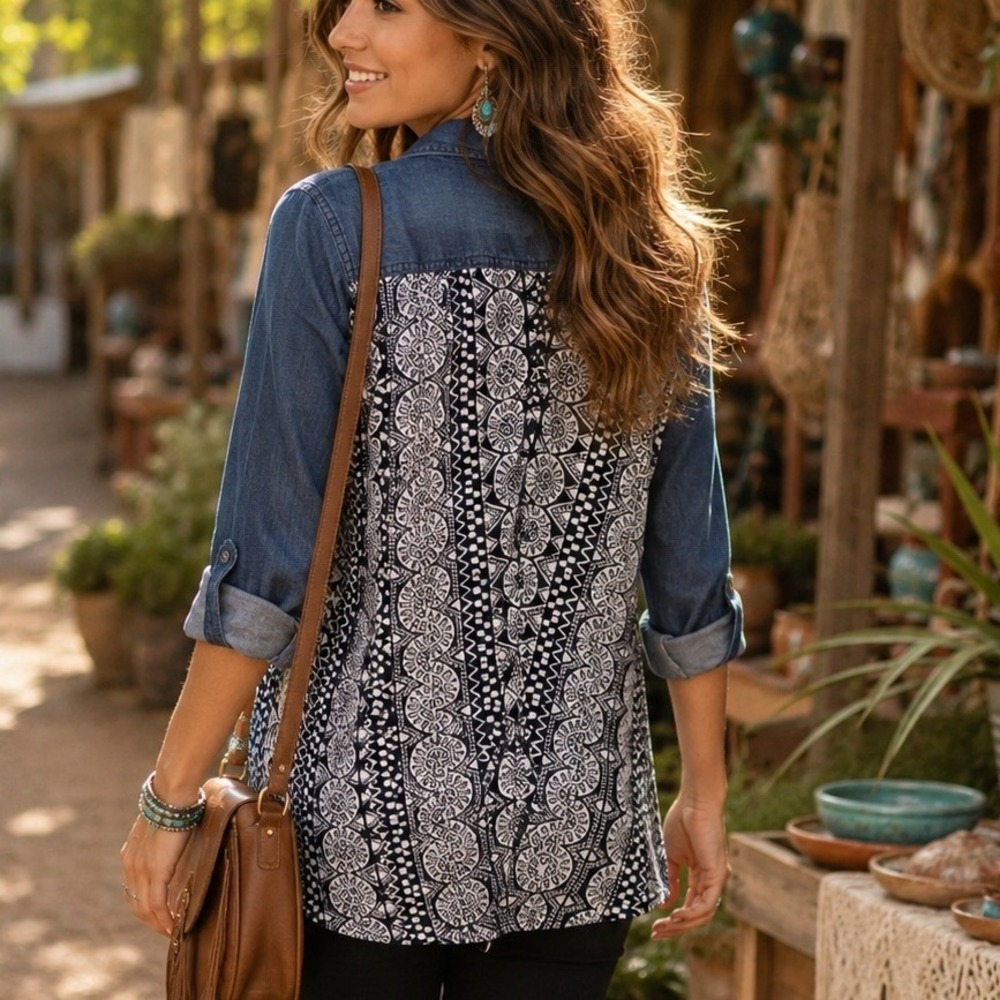 Angie Chambray Button Front Shirt Boho Print Back Tunic Small Western Festival
